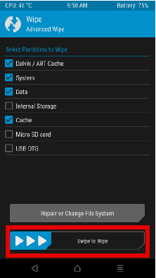 Wipe data, cache, system, dalvik partitions