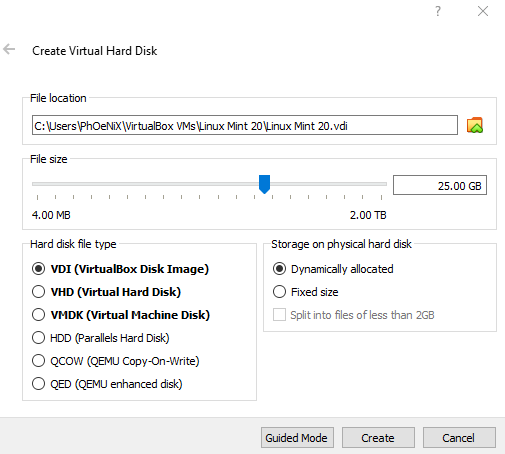 create new virtual hard disk to install linux mint