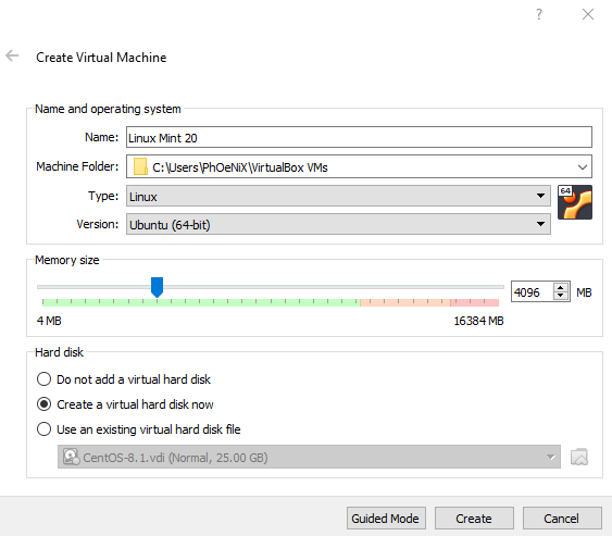 create new virtual machine to install linux mint