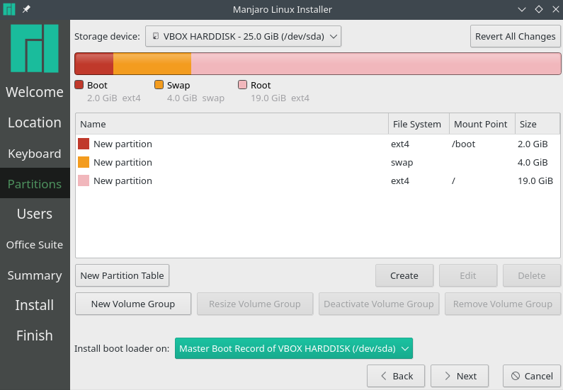 Summary of Created Partitions in Manjaro