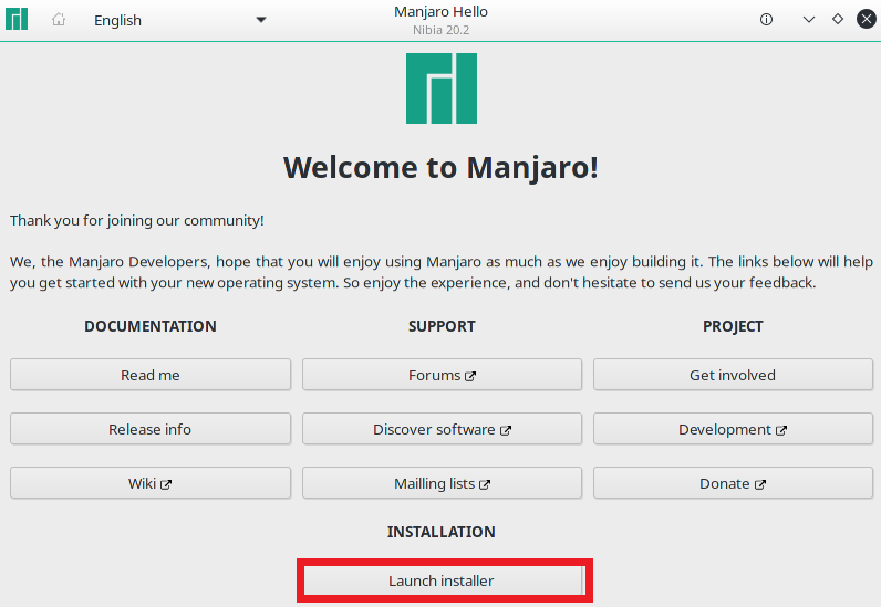 Launch installer to install manjaro