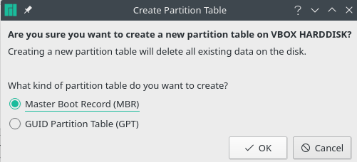 selecting MBR partition table to install manjaro