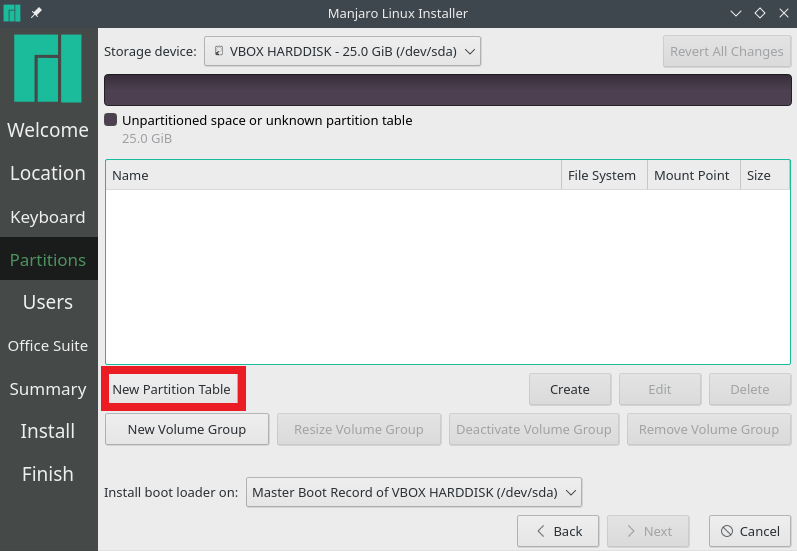 Create new partition table for manjaro