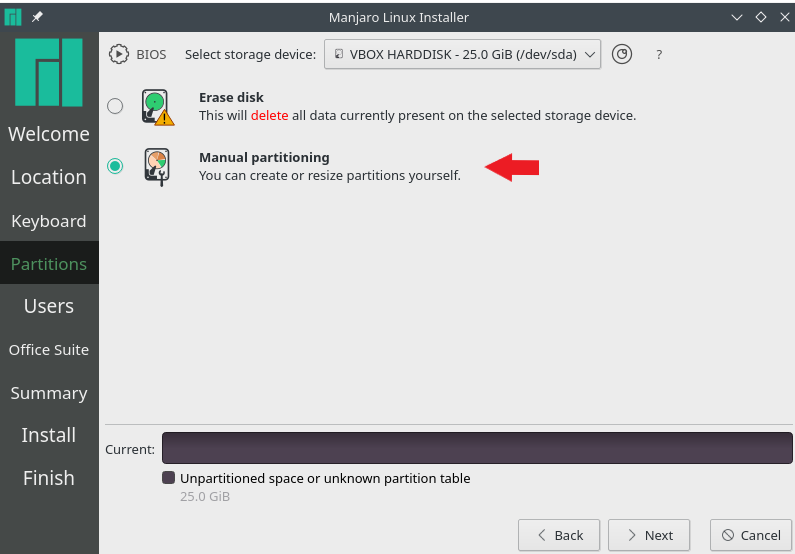 select manual partitioning to install manjaro