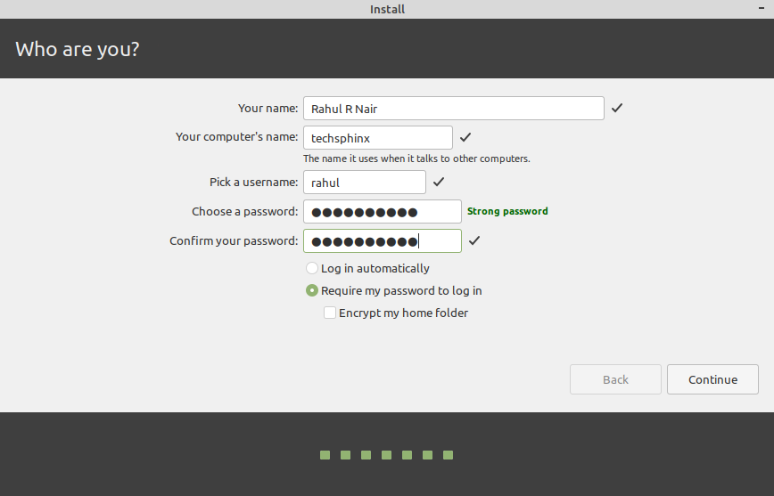 set up user and password for your new linux mint installation