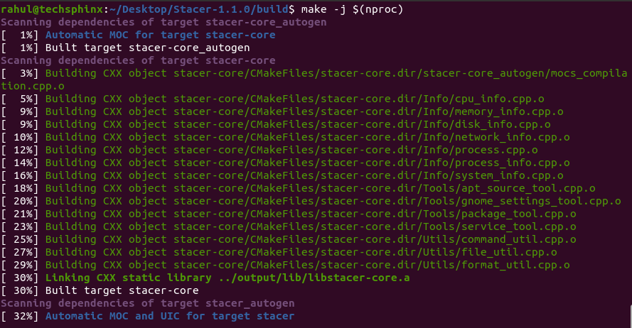 Make command output while installing stacer
