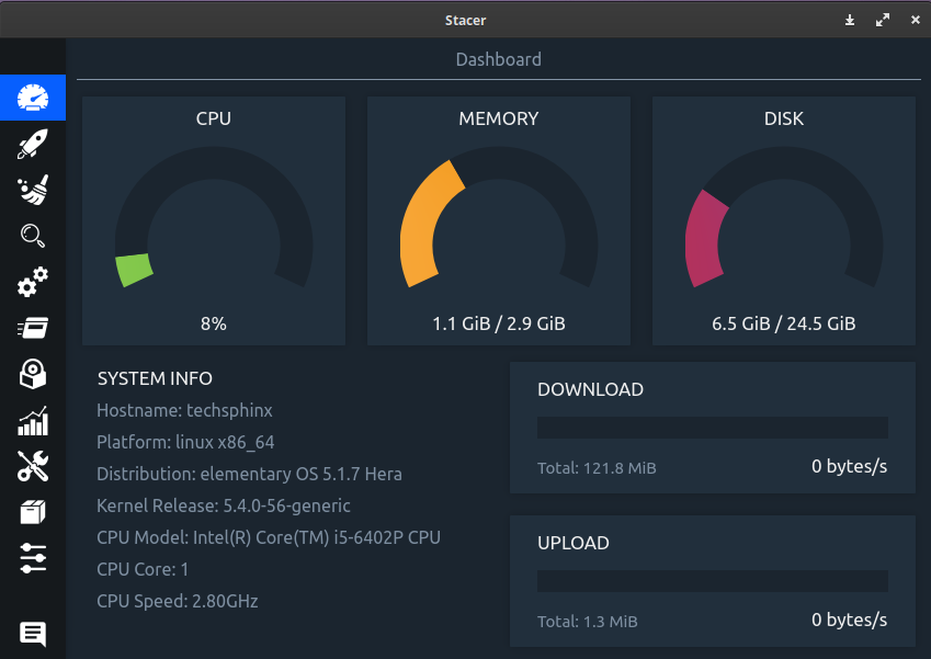 Stacer Dashboard after installing stacer