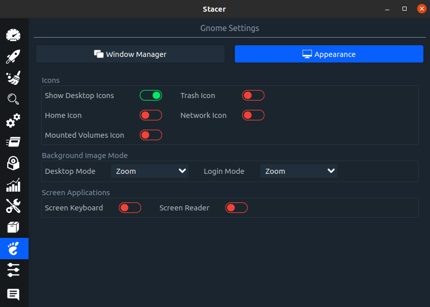 appearance settings in stacer