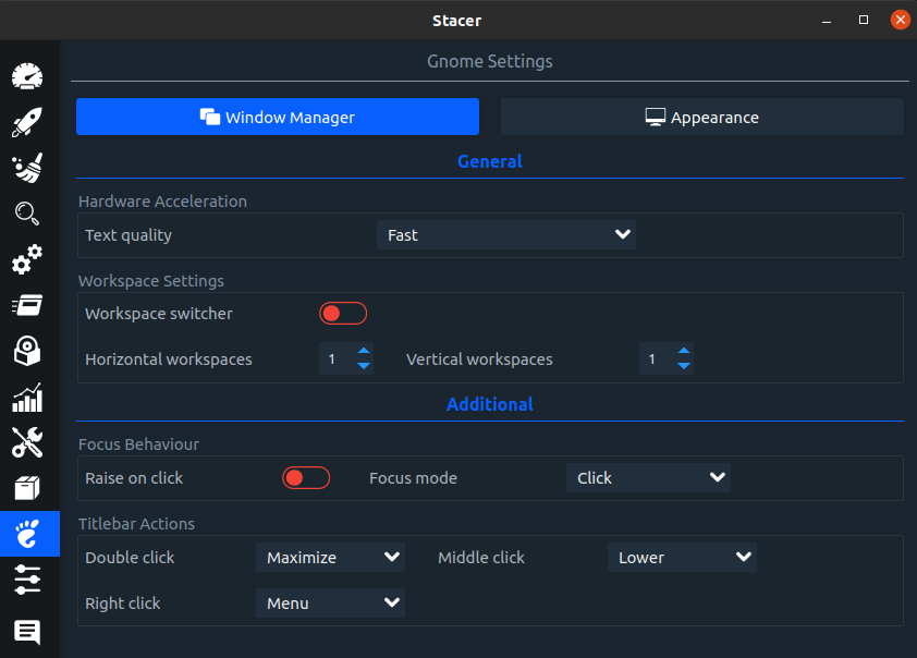 Window manager settings in stacer