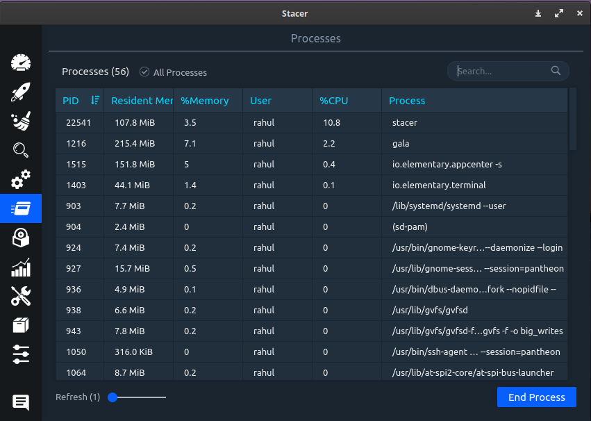 Monitor Linux Processes using stacer