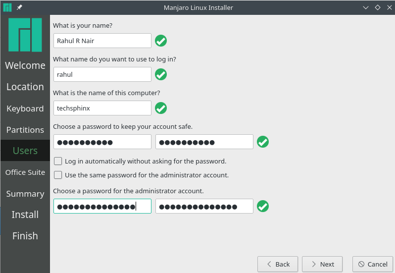 Set up user and password for manjaro linux