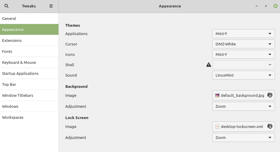 GNOME Tweaks running on Linux Mint