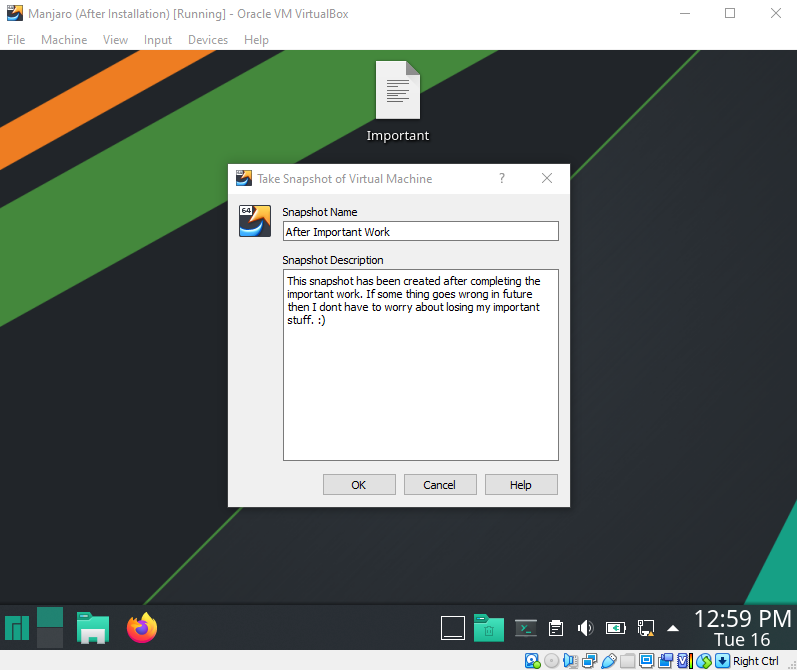 Creating another snapshot in virtualbox after doing some work