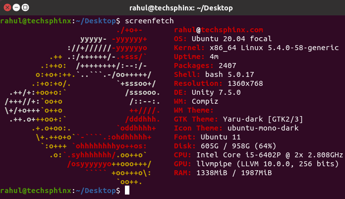 Output of screenfetch command showing installed unity version