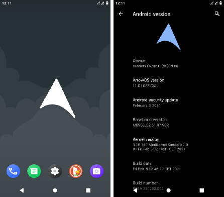 ArrowOS home screen and about info