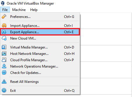 Select the option to export VirtualBox VM
