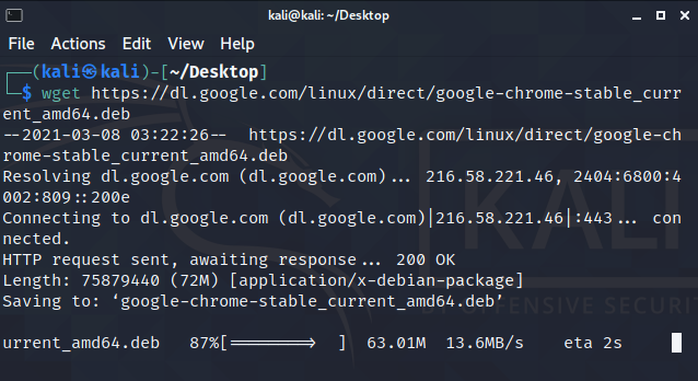 Using wget to download Google chrome on Kali