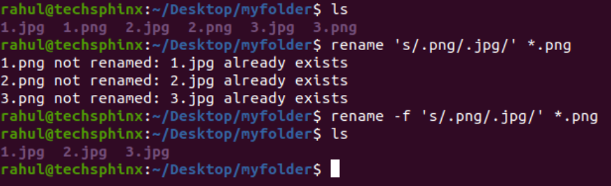 force overwriting when renaming files in Linux