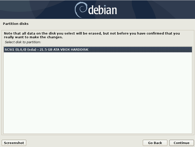 select hard disk to install debian