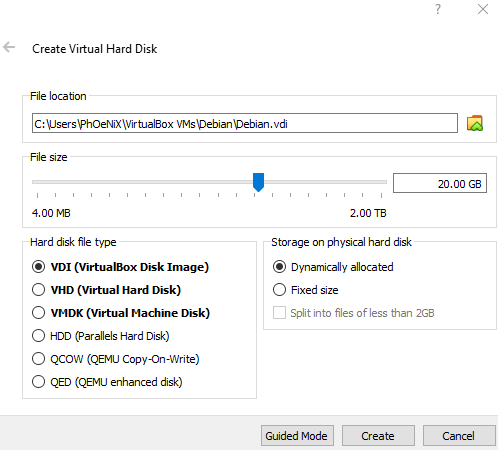 create virtual hard disk for debian