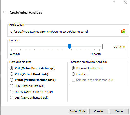 create virtual harddisk for ubuntu