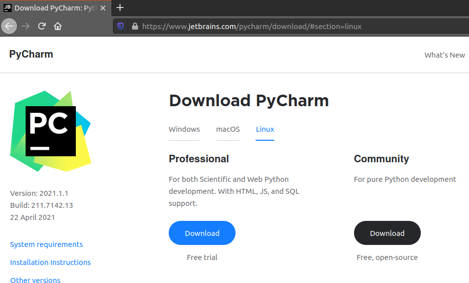 Download PyCharm from Jetbrains site