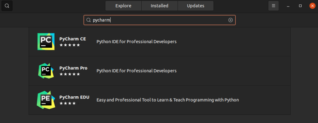 Search for PyCharm in Ubuntu Software Center
