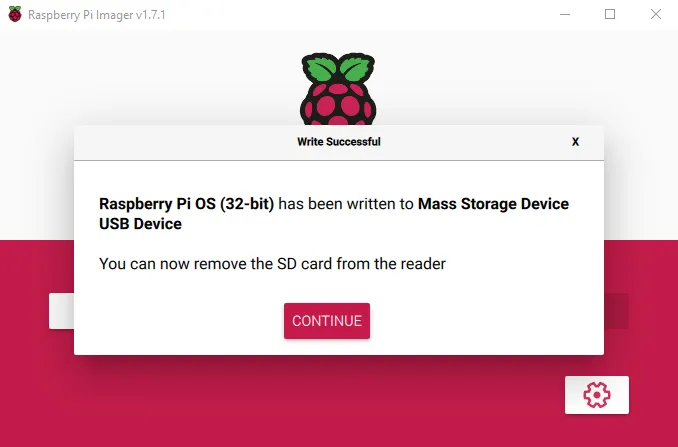 Finished Writing OS Raspberry Pi