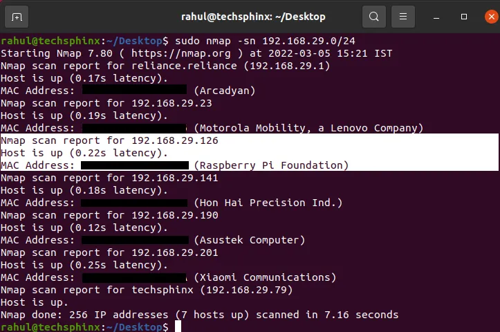 Nmap scan result for Raspberry Pi
