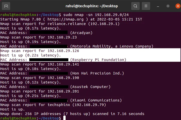 nmap scan result for Raspberry Pi