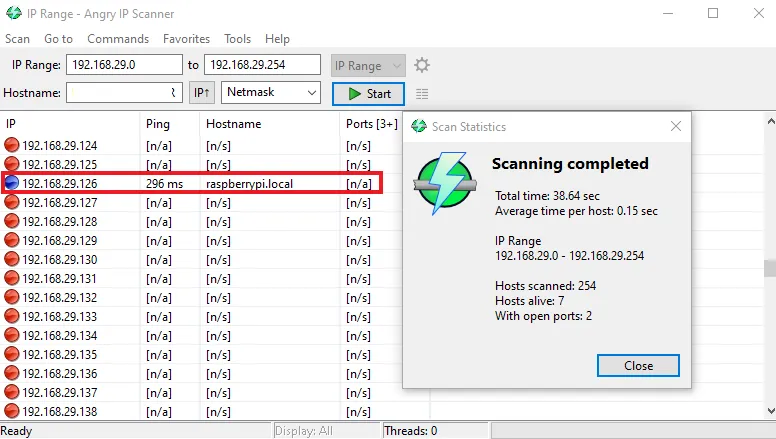 Raspberry Pi IP in Angry IP scanner result