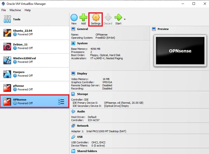 start OPNsense Virtualbox VM