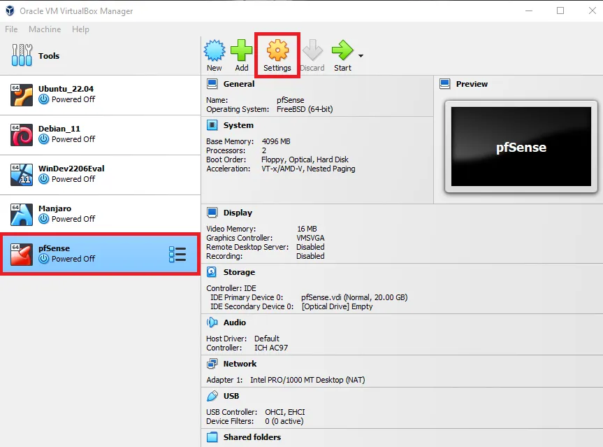 pfsense vm settings