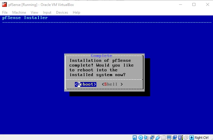 pfsense virtualbox installation completed