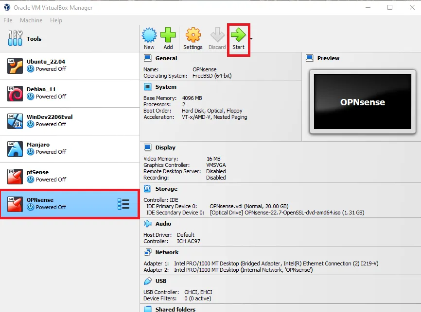 start OPNsense VirtualBox VM